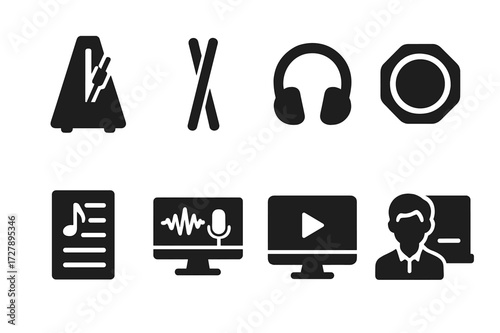 Drum Kit Practice Icons. Solid, filled icon set of drum kit practice and rehearsal: metronome, drumsticks, headphones, practice pad, music sheet, recording