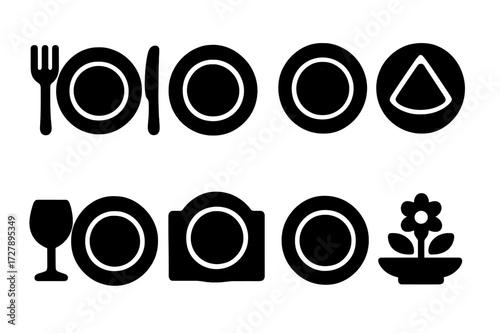 Dining Icons Collection. Solid, filled icon set of plate dining settings: plate with fork, plate with knife, plate with spoon, plate with napkin, plate with