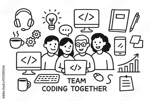 Team Coding Doodles. Hand-drawn doodle illustration [team coding together] [laptop, keyboard, mouse, coffee cup, monitor, code snippet, gears, notebook, pen,