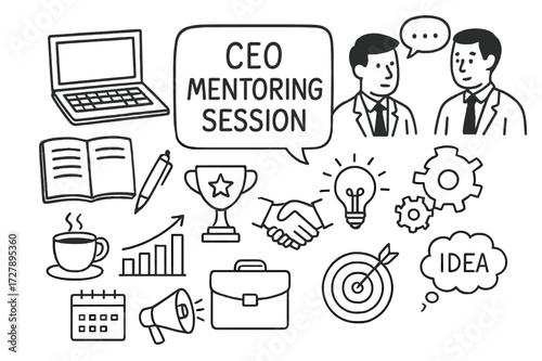 Mentorship Doodle Icons. Hand-drawn doodle illustration [CEO mentoring session] [laptop, notebook, pen, coffee cup, speech bubble, handshake, trophy, chart,