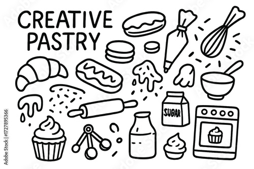 Bakery Essentials Doodles. Hand-drawn doodle illustration Creative pastry, croissant, eclair, macaron, piping bag, whisk, rolling pin, chocolate drizzle,