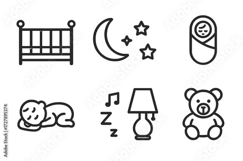 Baby Sleep Icons. Outline icon set of baby sleeping: crib, moon, stars, blanket, baby, lullaby music, night lamp, teddy bear. Line icons in only black color,
