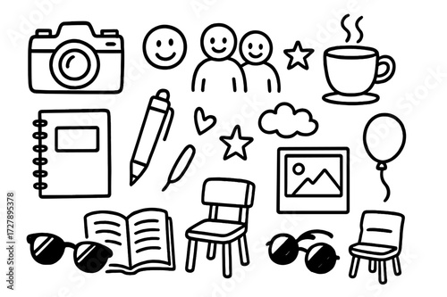 Photography Doodle Icons. Hand-drawn doodle illustration candid portrait photography camera, lens, smiley face, group of people, coffee cup, notebook, pen,