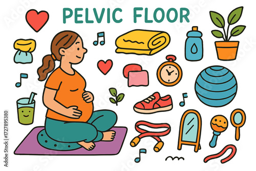 Pelvic Wellness Doodles. Pelvic floor. Colorful Hand-drawn doodle Children illustration Pregnant woman, yoga mat, cushion, heart symbol, water bottle, towel,