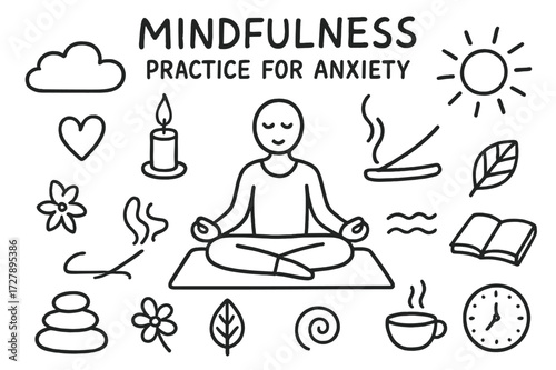 Mindfulness Symbols Doodle. Hand-drawn doodle illustration Mindfulness practice for anxiety [yoga mat, lotus pose figure, candle, incense stick, cloud, sun,