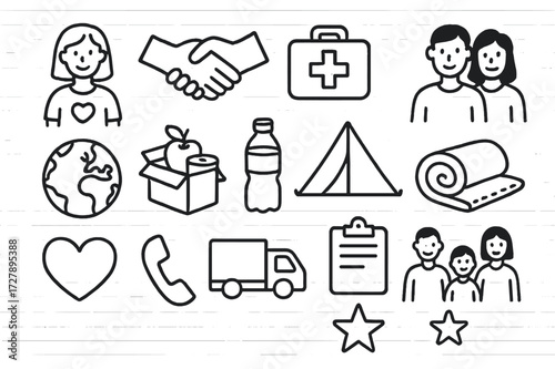 Humanitarian Icons Doodle. Hand-drawn doodle illustration Humanitarian volunteers people icons, handshake, Red Cross symbol, medical kit, globe, food package,