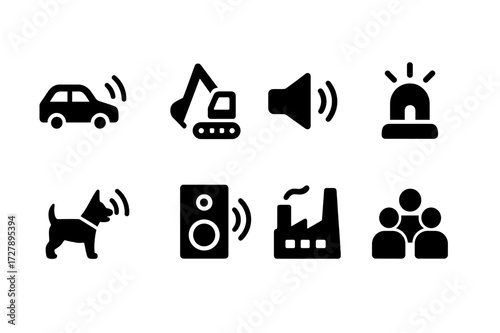 Noise Source Icons. Solid, filled icon set of noise sources: traffic, construction, loudspeaker, alarm, barking dog, music speaker, factory, crowd. Solid,
