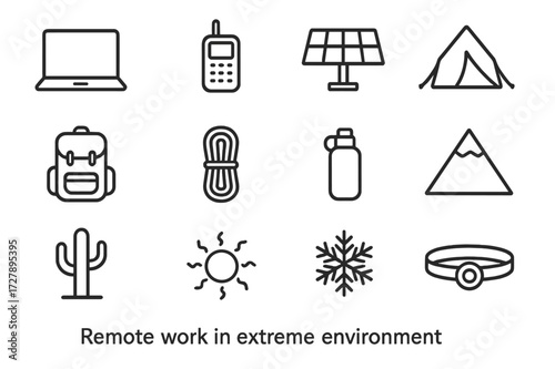 Extreme Remote Work Icons. Remote work in extreme environments. Line icon set of remote work in extreme environments: laptop, satellite phone, solar panel,
