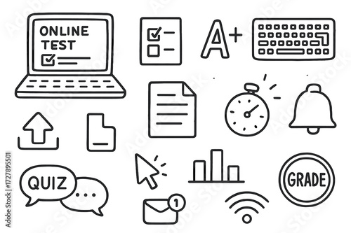 Online Exam Icons. Hand-drawn doodle illustration online test and grades laptop, checkbox, A+ icon, keyboard, upload arrow, paper icon, mouse pointer, timer,