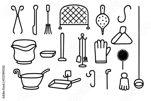 Hearth Tools Doodle. Hand-drawn doodle illustration [Traditional hearth tools] [fire tongs, poker, shovel, broom, fireguard, bellows, iron hook, coal scuttle,