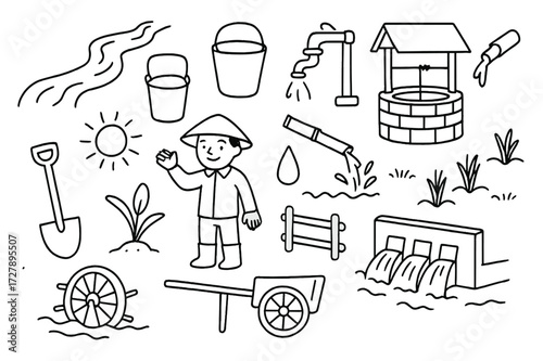 Irrigation System Doodle. Hand-drawn doodle illustration Irrigation System [water canal, bucket, pump, well, rope, bamboo pipe, shovel, farmer, droplet, water