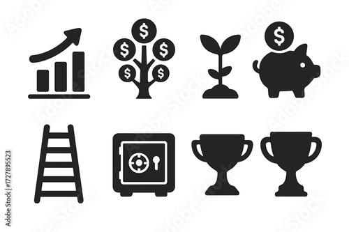 Wealth Growth Icons. Solid, filled icon set of wealth growth: upward arrow, bar chart, tree with coins, growing plant, piggy bank with coin, ladder, safe with