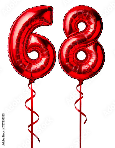 数字の68の形の赤色の風船とリボン（Number 68 red foil balloon on white background）

