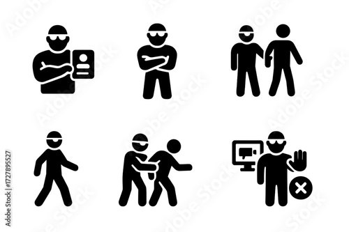 Bouncer Action Icons. Solid, filled icon set of bouncer actions: checking ID, standing guard, escorting person, crowd management, patrolling, intervening,