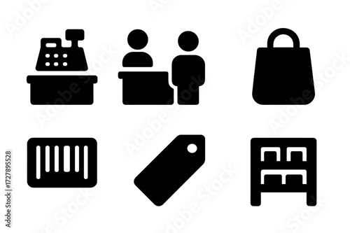 Cash Register Icons. Solid, filled icon set of cash register store settings: checkout counter, cashier, customer, shopping bag, product barcode, price tag,