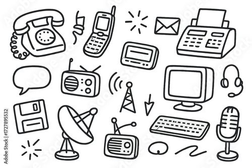 Retro Communication Doodles. Hand-drawn doodle illustration Retro Communication [corded phone, flip phone, pager, fax machine, envelope, CRT monitor, keyboard,
