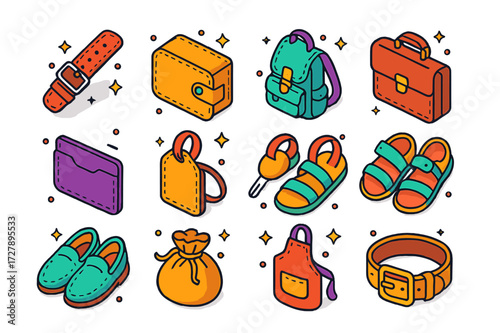 Colorful Leather Icons. Leather accessories. Colorful isometric vector icons set of Leather accessories: watch strap, purse, backpack, briefcase, card holder,