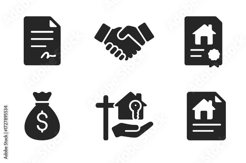 Real Estate Icon Set. Solid, filled icon set of real estate transactions: contract, handshake, key exchange, property deed, money bag, sale sign, escrow,