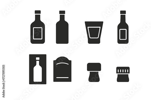 Vodka Icon Set. Solid, filled icon set of vodka bottles and packaging: classic vodka bottle, frosted glass bottle, shot bottle, mini bottle, boxed vodka, label