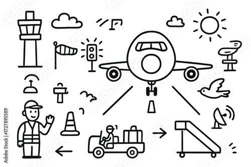Airport Doodle Scene. Hand-drawn doodle illustration runway scene airplane wheels, runway lines, control tower, wind sock, clouds, light signals, airplane