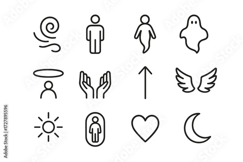 Ethereal Icons Collection. Beyond the physical. Line icon set of beyond the physical: ethereal swirl, human figure, floating spirit, ghostly silhouette, halo,