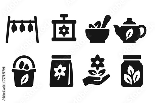 Petal Processing Icons. Solid, filled icon set of petals processing: drying, pressing, grinding, infusing, dyeing, packaging, crafting, storing. Solid, filled