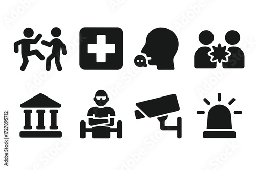 Bouncer Skills Icons. Solid, filled icon set of bouncer training: self-defense, first aid, communication skills, conflict management, legal knowledge, crowd