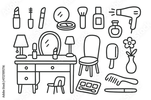 Makeup Table Doodles. Hand-drawn doodle illustration Makeup Table [lipstick, mascara, eyeliner, blush brush, compact mirror, nail polish, foundation bottle,