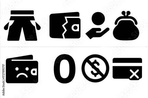 Cashless Icon Set. Solid, filled icon set of cashless pockets: empty jeans pockets, broken wallet, no cash hand, empty coin purse, sad wallet, zero balance, no