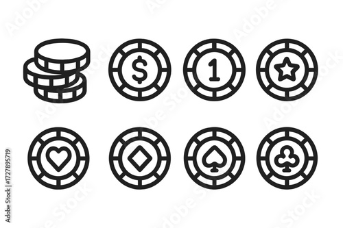 Poker Chip Icons. Outline icon set of poker chips: stack of chips, chip with dollar sign, chip with number, chip with star, chip with heart, chip with diamond,