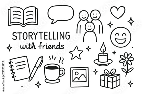 Storytelling with Friends. Hand-drawn doodle illustration Storytelling with friends [open book, speech bubble, heart, group of people, laughing face, star,