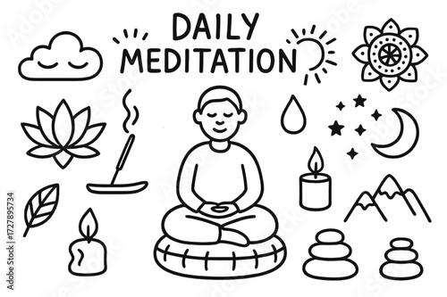 Meditation Doodle Art. Hand-drawn doodle illustration Daily meditation [sitting figure, lotus flower, incense stick, closed eyes, cloud, sun, moon, stars,