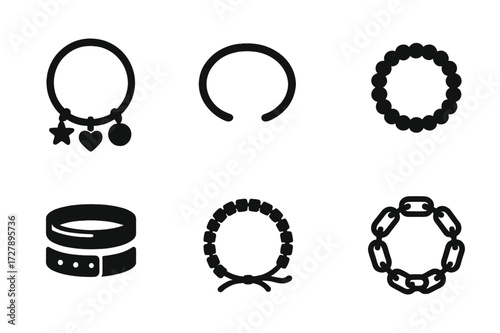 Bracelet Icon Collection. Solid, filled icon set of bracelet types: charm bracelet, bangle, cuff bracelet, beaded bracelet, leather bracelet, tennis bracelet,