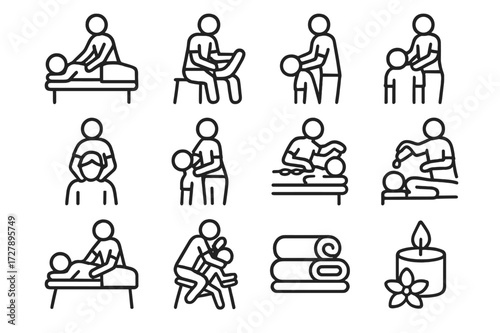 Spa Massage Icons. Spa relaxation icons. Line icon set of spa relaxation icons: therapist giving back massage, therapist giving foot massage, therapist giving
