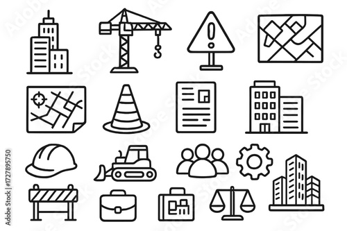 Urban Development Icons. Hand-drawn doodle illustration Urban development [skyscraper, crane, construction sign, zoning map, city plan, roadwork cone, planning