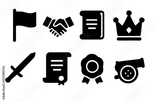 Historic Event Icons. Solid, filled icon set of historic events: battle flag, peace treaty, ancient scroll, crown jewel, historical sword, proclamation, royal