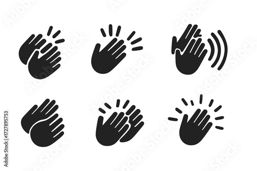 Clapping Soundwave Icons. Solid, filled icon set of clapping sound waves: small clap sound, loud clap, echo, rhythm, hand impact, vibration, applause burst,