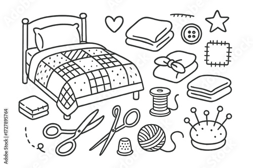 Cozy Quilt Crafting. Hand-drawn doodle illustration Cozy winter quilt bed, pillow, folded quilt, folded cloth, fabric patch, button, thread spool, needle,