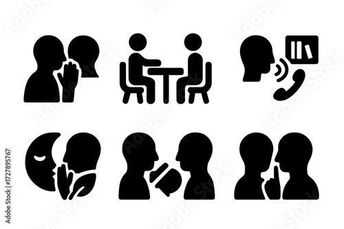 Whisper Context Icons. Solid, filled icon set of whisper contexts: private talk, secret meeting, confidential call, quiet library, stealth mode, covert