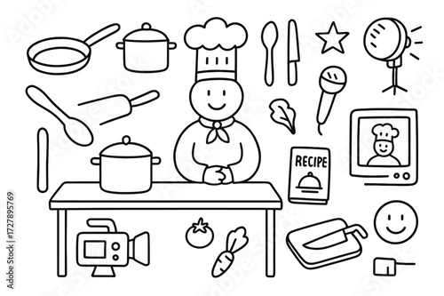 Cooking Show Essentials. Hand-drawn doodle illustration cooking show host chef hat, pan, pot, spoon, knife, cutting board, microphone, TV screen, vegetable,