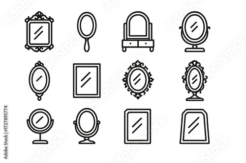 Antique Mirror Icons. Antique decorative mirrors. Line icon set of antique decorative mirrors: ornate wall mirror, hand-held mirror, dressing table mirror,