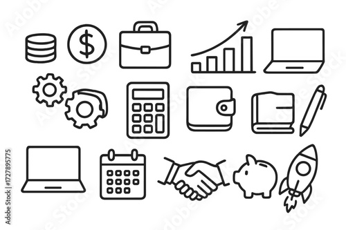 Financial Success Doodle Icons. Hand-drawn doodle illustration financial success coin stack, dollar sign, briefcase, bar chart, arrow, gears, calculator,