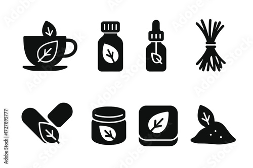Herbal Product Icons. Solid, filled icon set of herbal products: herbal tea, essential oil bottle, tincture, dried herbs, herbal capsule, ointment jar, herbal