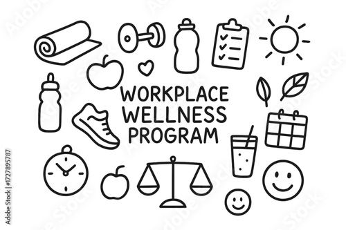 Workplace Wellness Icons. Hand-drawn doodle illustration Workplace wellness program yoga mat, dumbbell, apple, water bottle, heart, clipboard, checklist, leaf,