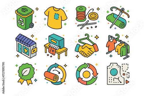 Circular Fashion Icons. Circular fashion. Colorful isometric vector icons set of Circular fashion: recycling bin, upcycled garment, textile shredder, mending