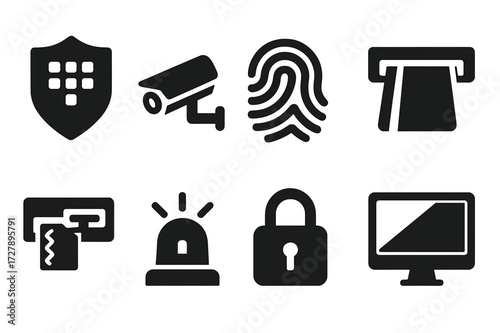 ATM Security Icons. Solid, filled icon set of ATM security features: keypad shield, camera, fingerprint scanner, card reader, anti-skimming device, alarm bell,