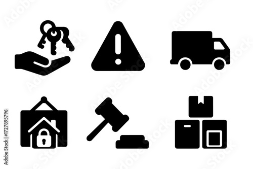 Eviction Icon Set. Solid, filled icon set of forced eviction: hand with keys, warning triangle, moving truck, eviction sign, court gavel, packed boxes, locked