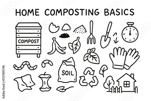 Composting Essentials Icons. Hand-drawn doodle illustration Home composting basics [compost bin, eggshell, coffee grounds, banana peel, leaves, fork, shovel,