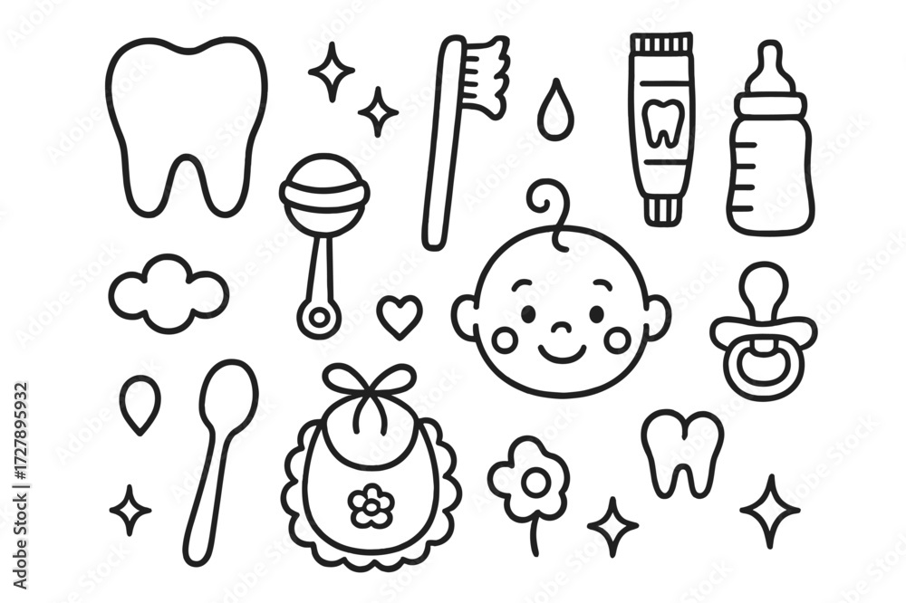 Obraz premium Baby Oral Care Doodles. Hand-drawn doodle illustration Baby oral hygiene [tooth, toothbrush, toothpaste tube, bottle, baby face, pacifier, rattle, bib, spoon,