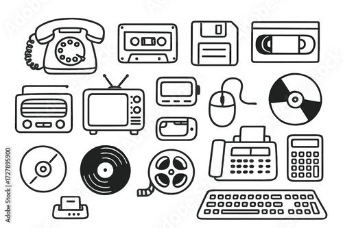 Retro Tech Doodles. Hand-drawn doodle illustration Retro Technology rotary phone, cassette tape, floppy disk, VHS tape, television, typewriter, old radio,